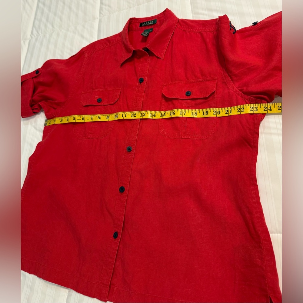 Ralph Lauren Red Linen Button Down Shirt Black Front Button Pockets - Picture 6 of 8